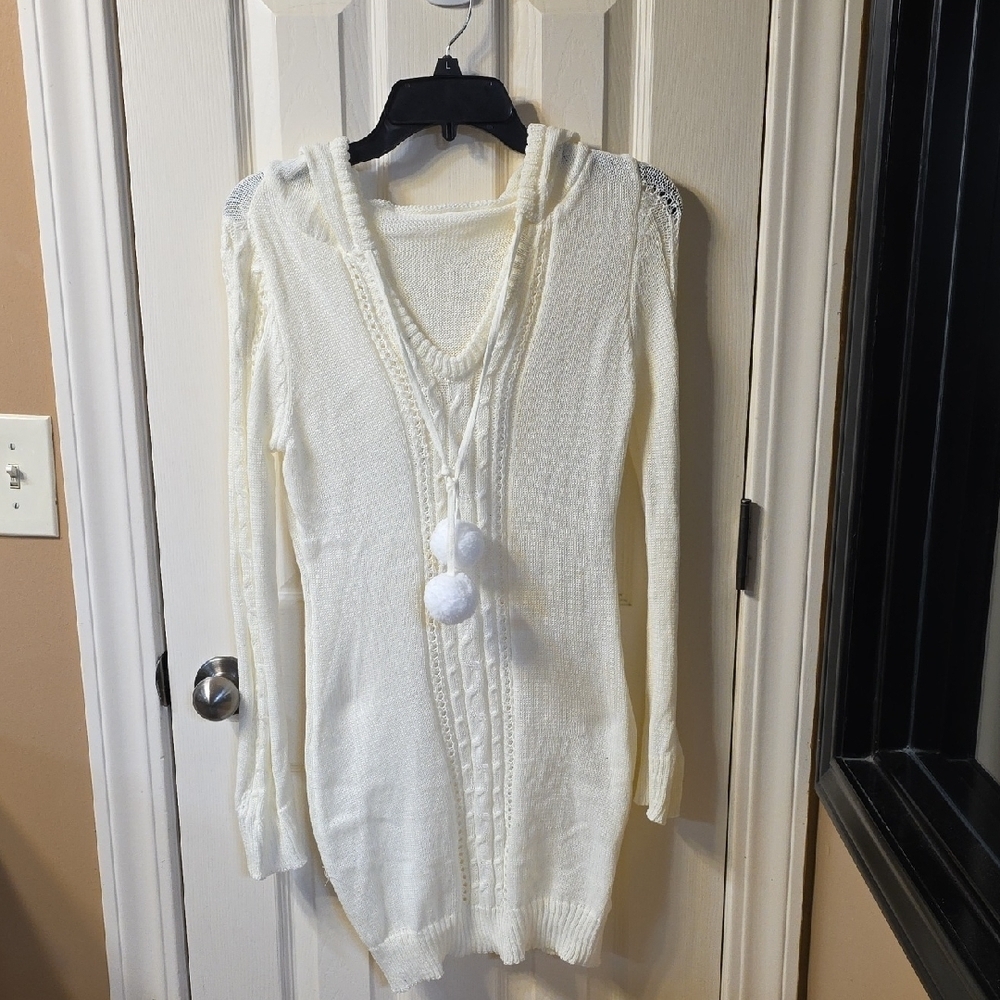 Cozy White Knit Sweater with Pom Poms